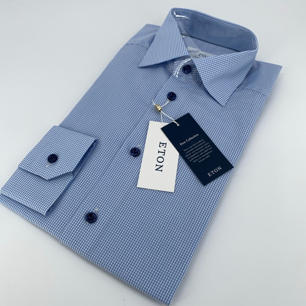 Eton Dress Shirt Men's 14 1/2-37 Blue Plaid Contemporary Fit Collared Button‎ Up